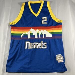 Denver Nuggets Jersey Mens Large Blue NBA Basketball Rainbow English 80s